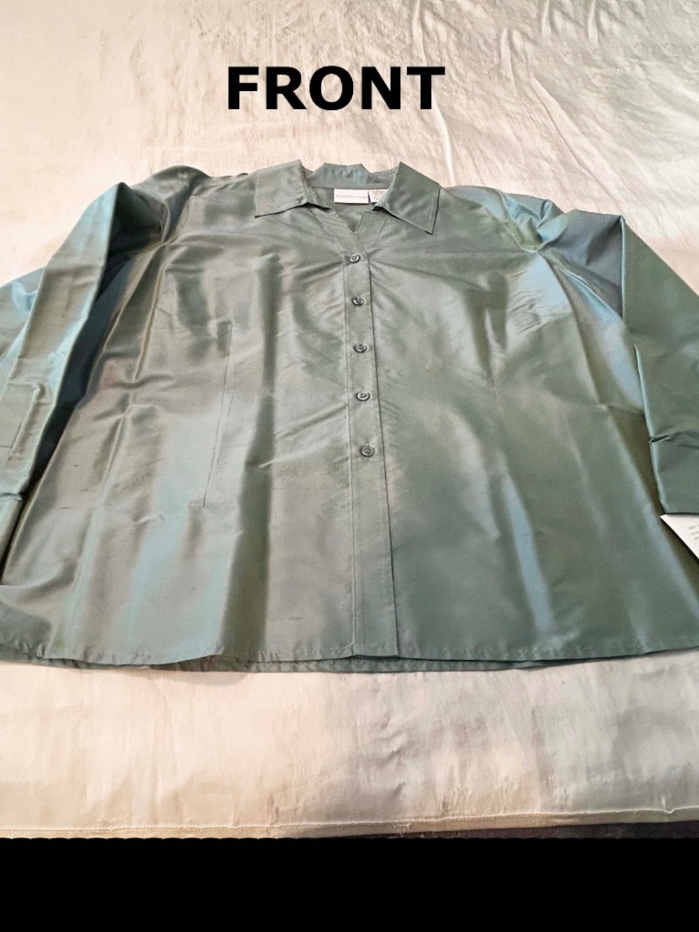 BLOUSE, PURE SHANTUNG SILK, TEAL, SIZE 3X, WASHABLE NATURAL PURE SILK, LONG SLEE
